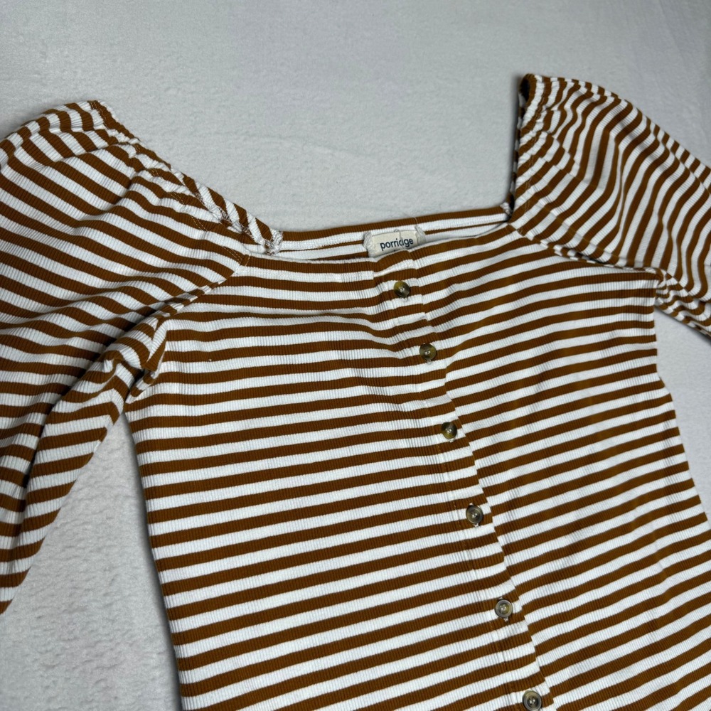 Porridge Striped Puff Sleeve Square Neck Cropped Top Womens Size Medium